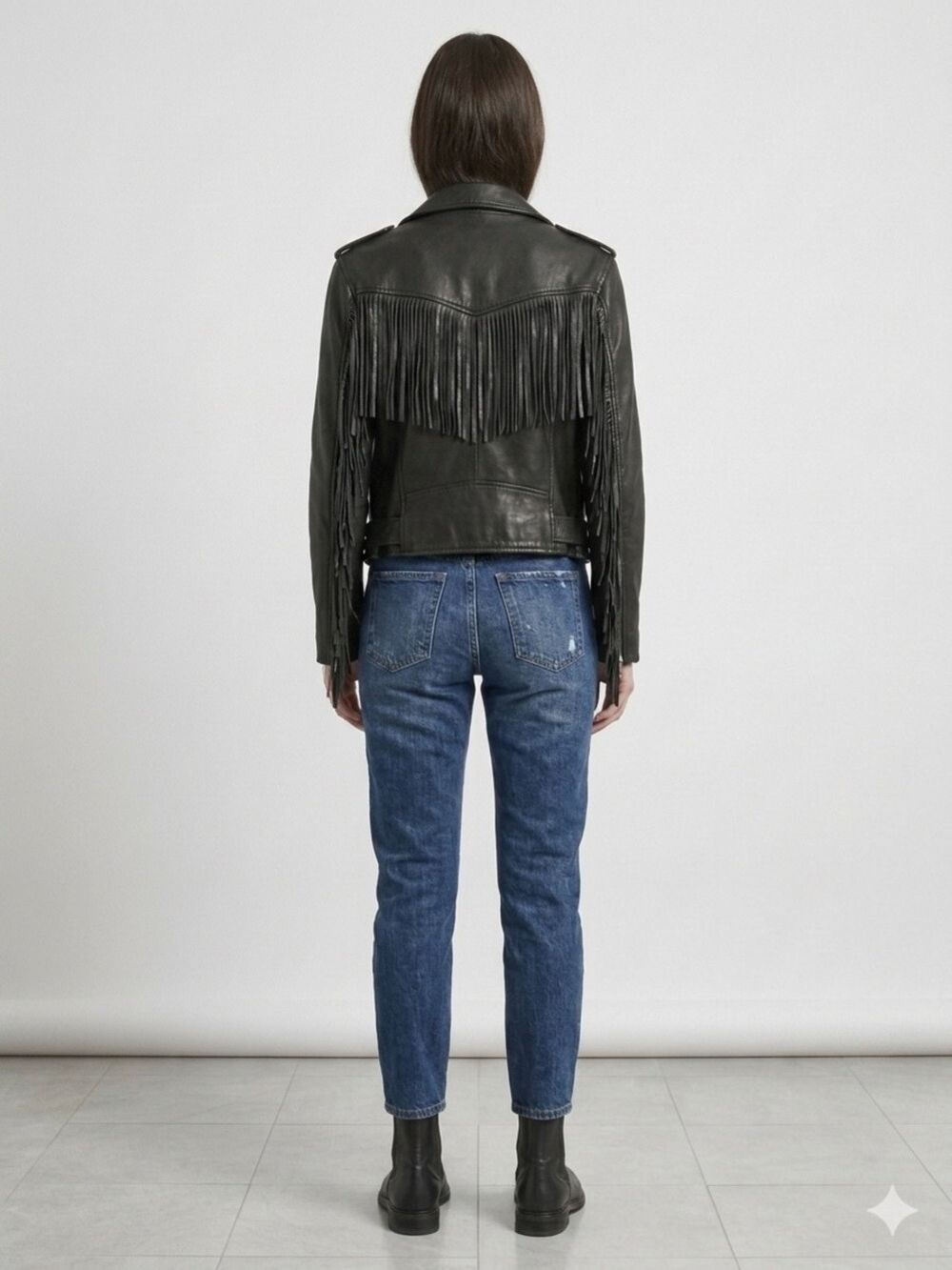 Womens Black Leather Fringe Biker Jacket - Classic Moto Style - Picture 6 of 6